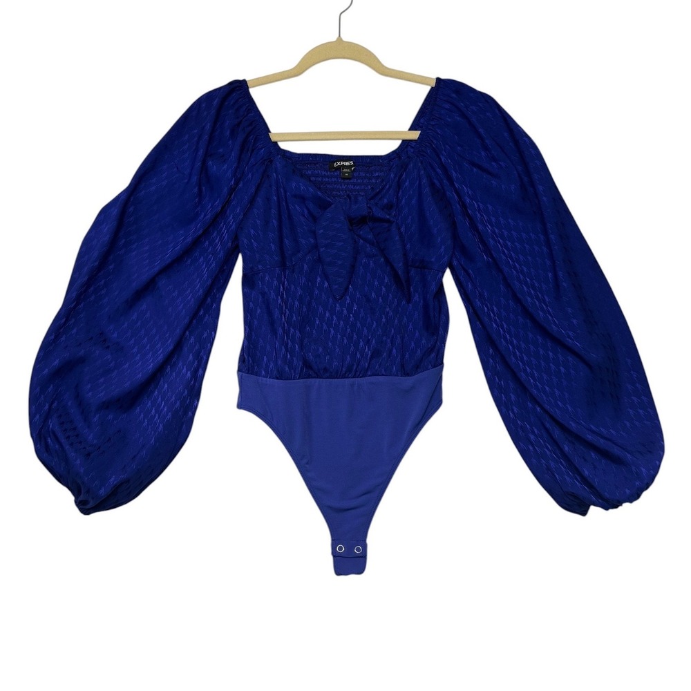 Express Royal Blue Puff Sleeve Tie Front Jacquard Bodysuit XS Smocked Back
